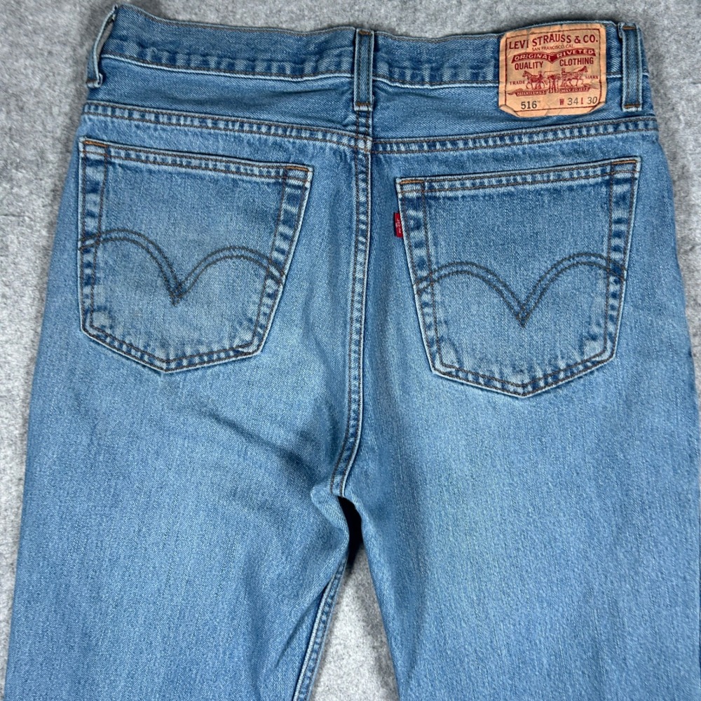 Levi's 516 Denim Jeans Mens 34x30 Blue Slim Fit Straight Leg Raw Hem - Picture 16 of 16